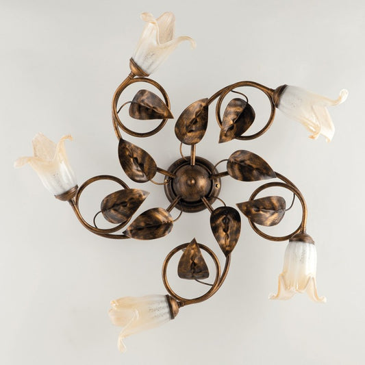 Plafoniera in ferro Marrone Oro Vetri Bianchi Ambra cinque luci 70x h20 cm