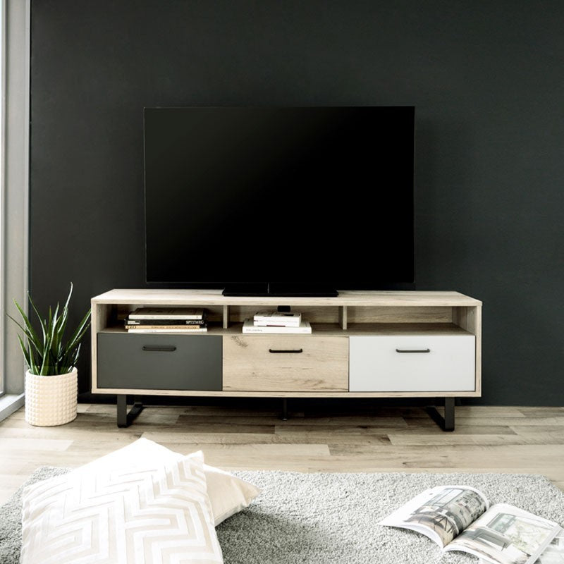 Base Porta TV con 3 ante a ribalta colore rovere e grigio 160x35xh.53 cm