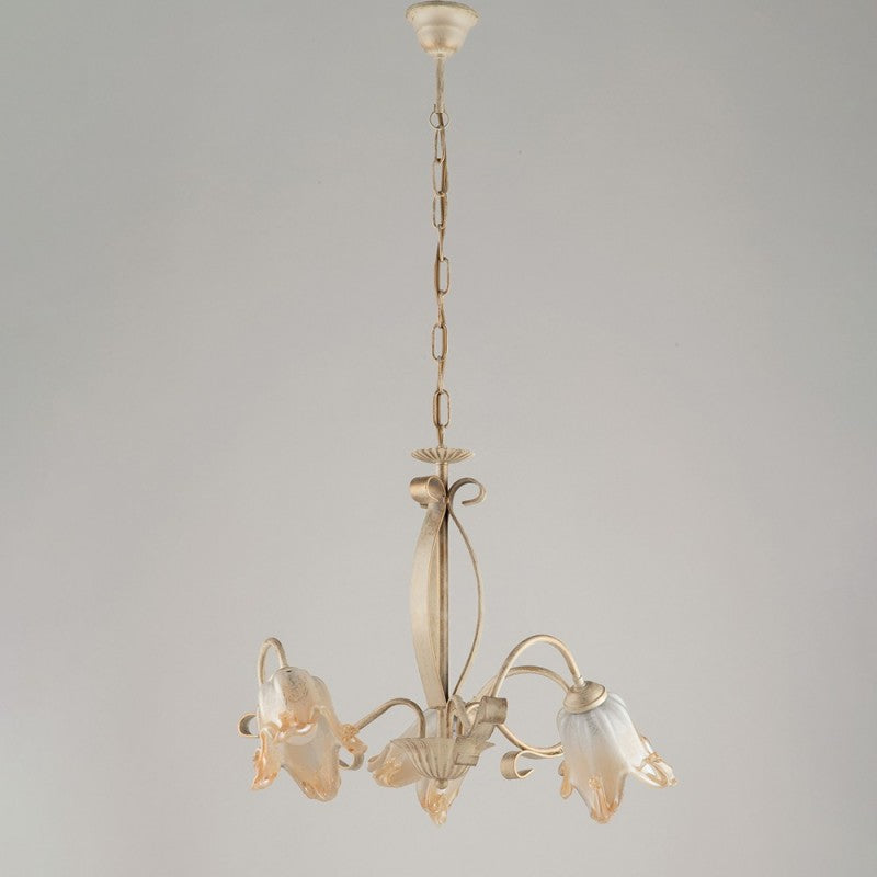 Lampadario cucina in ferro Avorio Oro tre luci paralumi  Ambra 51x h43 cm