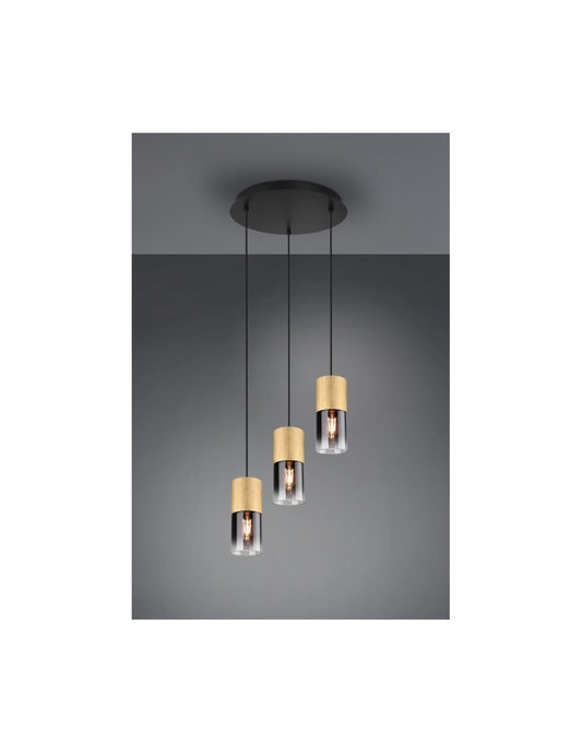 Lampadario Rotondo 3 Luci Cilindro Ottone Vetro Fumé Robin Trio Lighting