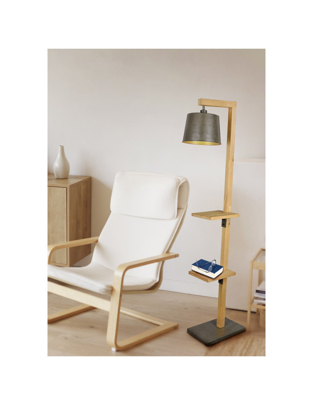 Piantana Vintage Mensole Legno Paralume Nichel Rodrigo Trio Lighting