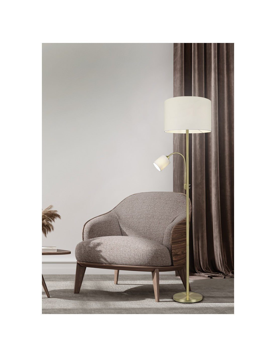 Piantana Hotel Ottone Paralume Tessuto Crema Spot Lettura Trio Lighting