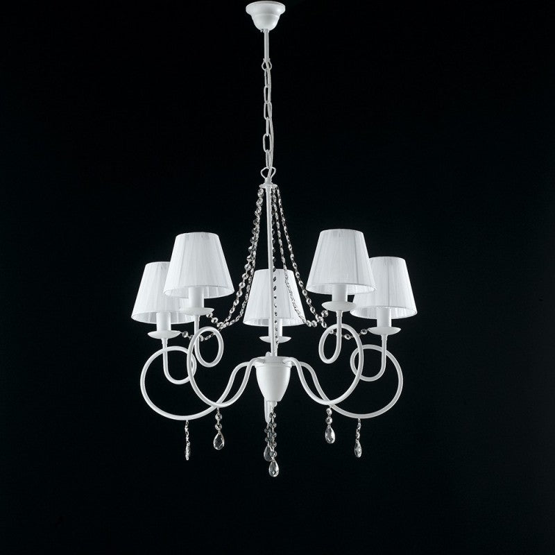 Lampadario in ferro Bianco cinque luci decorazione shabby paralumi Bianchi 68x h72 cm