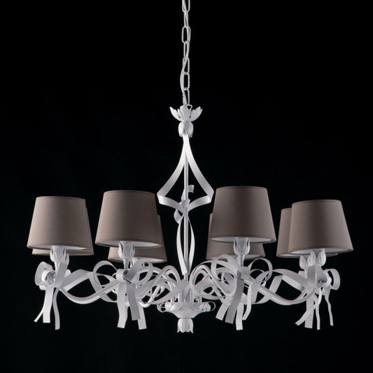 Lampadario  ferro laccato bianco con decorazione shabby 8 luci con paralumi in pvc tortora