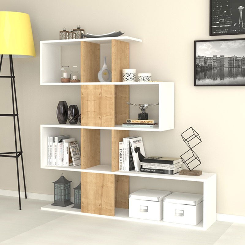Libreria scaffale 4 livelli  9 scomparti bianco e rovere 145x29xh.145 cm