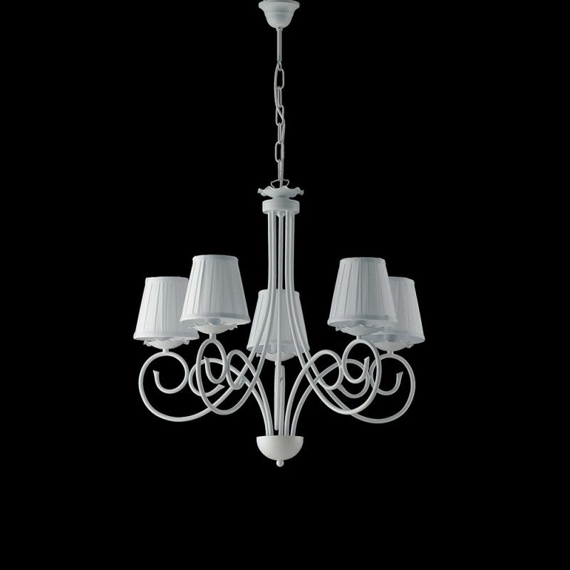 Lampadario a sospensione in ferro shabby paralumi Bianchi cinque luci 57x h60 cm