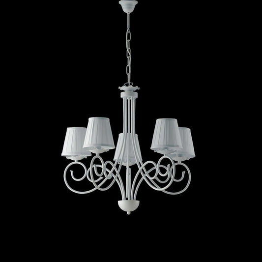 Lampadario a sospensione in ferro shabby paralumi Bianchi cinque luci 57x h60 cm