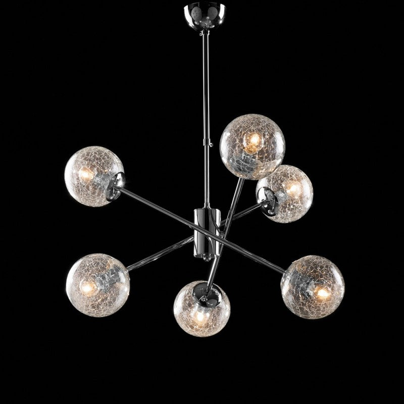 Lampadario sospensione in ferro cromo lucido con 6 luci con sfere in vetro