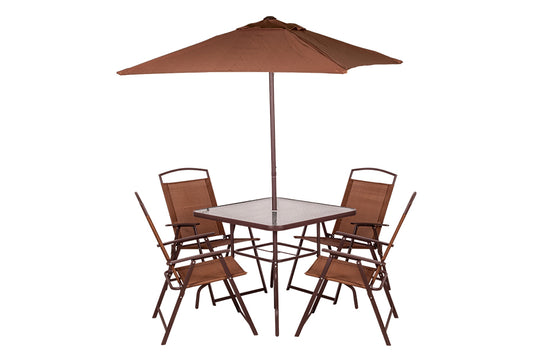 Set 6Pz 4 Sedie C/Tavolo E Ombrellone Marrone 165X65X112Cm