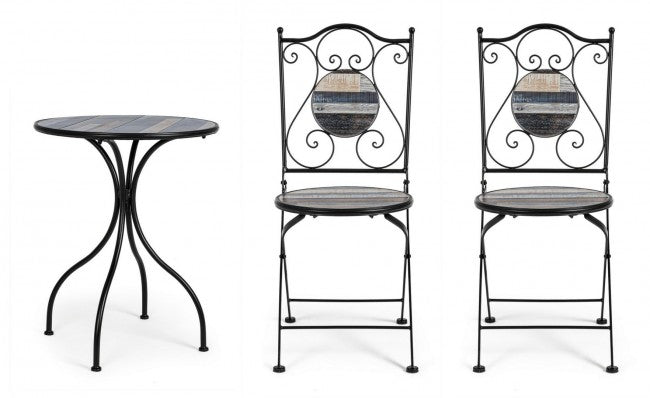 Set da giardino tavolo e 2 sedie con decori in ceramica Huston