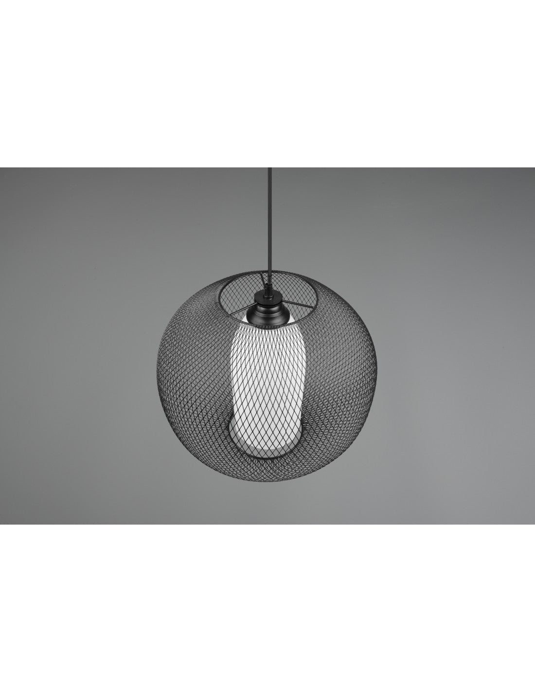 Lampadario Sospensione Diffusore Gabbia Tonda Metallica Nero Con Vetro Opale Filo Trio Lighting