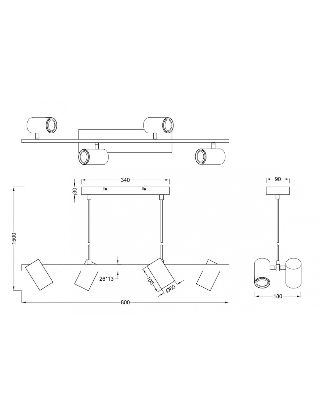 Sospensione Nera 4 Faretti Spot GU10 Orientabili Marley Trio Lighting
