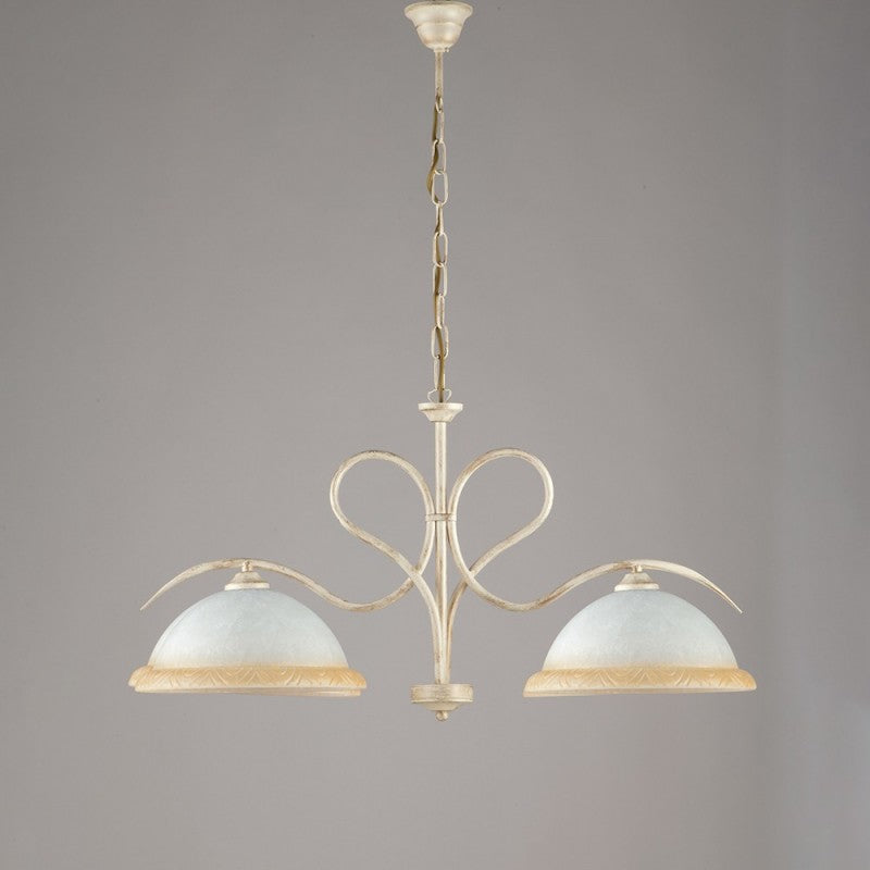Lampadario in ferro Avorio Oro due luci vetri Bianchi e Ambra 79x h43 cm
