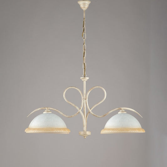 Lampadario in ferro Avorio Oro due luci vetri Bianchi e Ambra 79x h43 cm