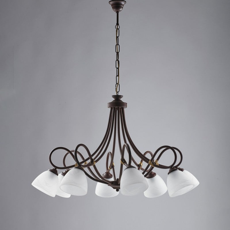 Lampadario ferro Nero ruggine otto luci paralumi vetro Alabastro bianchi 81x h55 cm