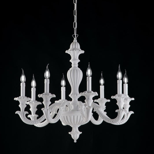 Lampadario impero  in legno e pasta di legno bianco shabby 8 luci