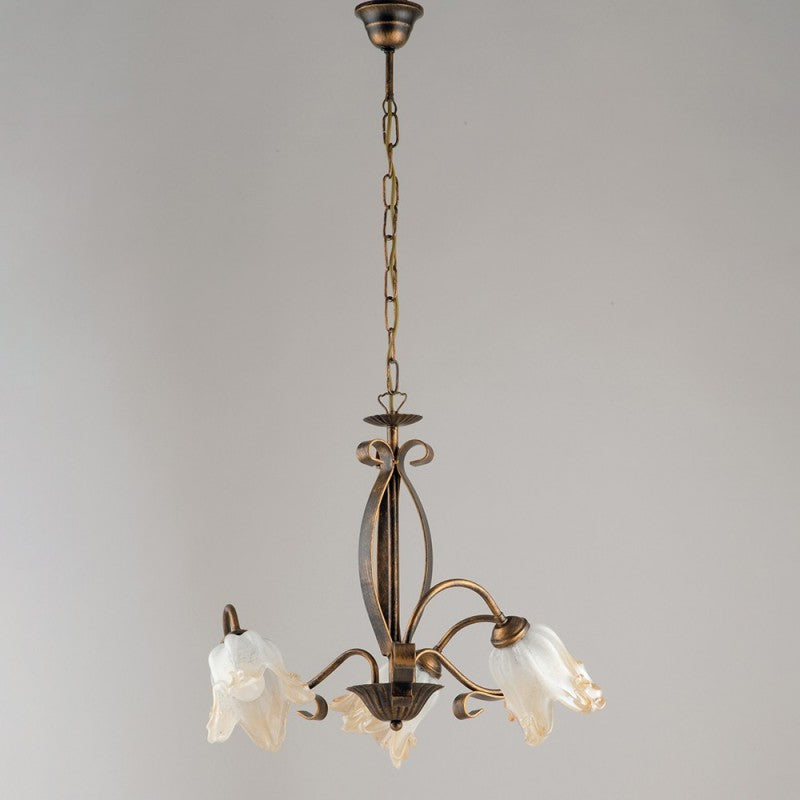 Lampadario in ferro Marrone Oro tre luci paralumi in vetro Bianco Ambra 51x h43 cm