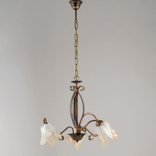 Lampadario in ferro Marrone Oro tre luci paralumi in vetro Bianco Ambra 51x h43 cm