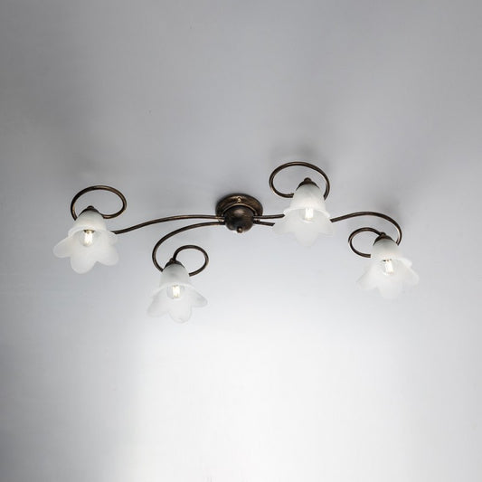 Plafoniera in ferro Marrone Oro quattro luci paralumi in vetro Bianco 87x40x h17 cm