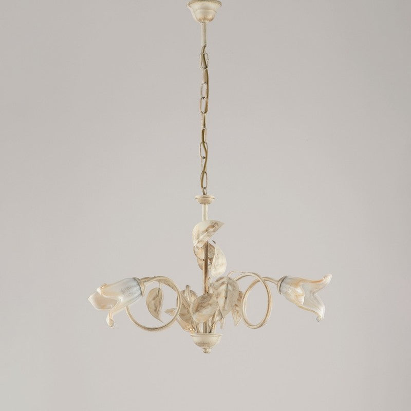 Lampadario in ferro Avorio Oro Vetri Bianchi Ambra tre luci 58x h43 cm