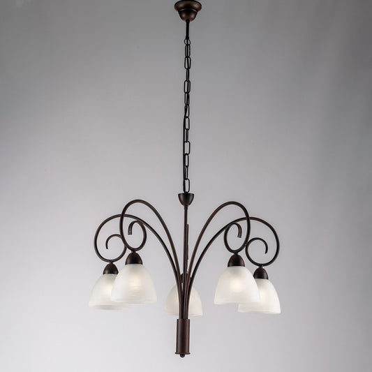 Lampadario in ferro Nero Ruggine paralumi in vetro  Bianco cinque luci 57x h50 cm