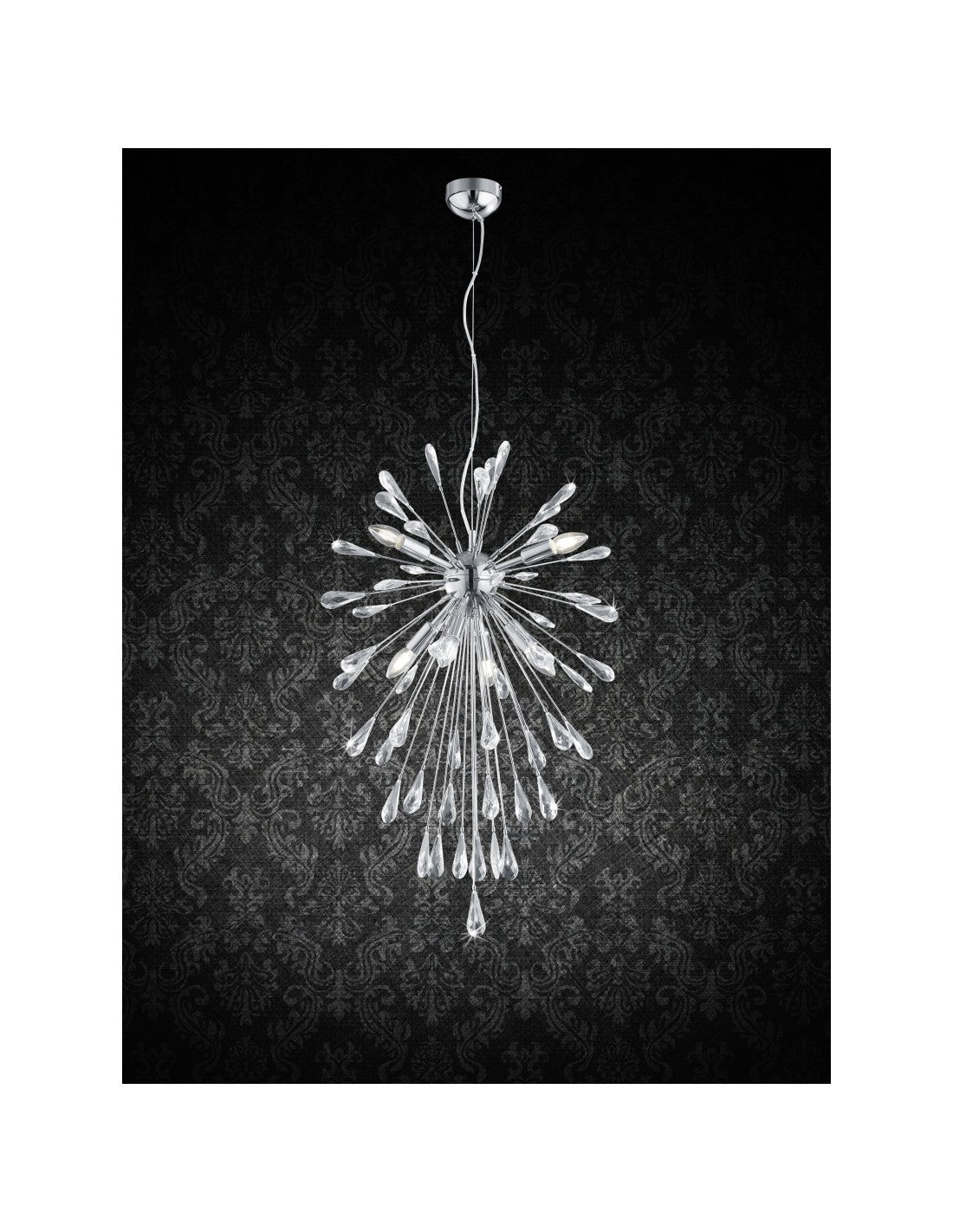 Sospensione Fuochi d'Artificio 7 Luci Minsk Cromo con Gocce Cristallo Trio Lighting