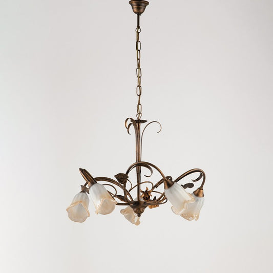 Lampadario a sospensione in ferro Marrone Oro foglie cinque luci 60x h47 cm