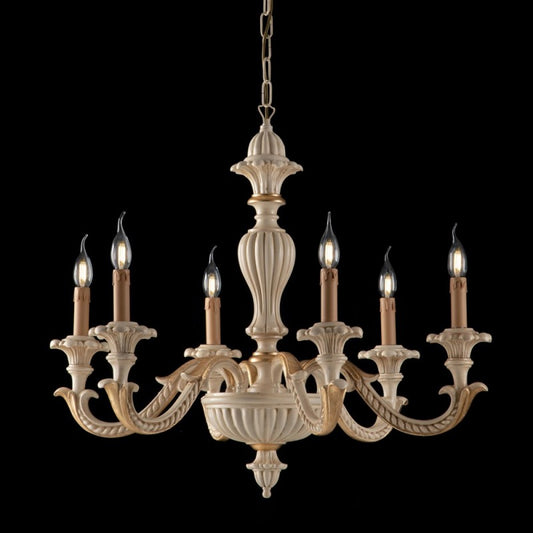 Lampadario in legno e pasta di legno avorio e foglia oro 6 luci
