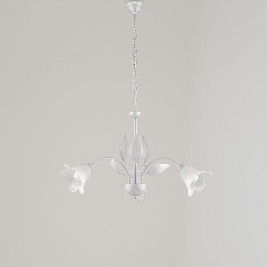 Lampadario in ferro Bianco Argento tre luci vetri Alabastro Bianchi 60x h43 cm