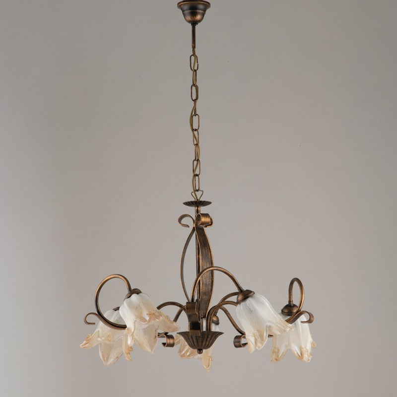 Lampadario in ferro Marrone Oro cinque luci paralumi in vetro Bianco Ambra 64x h45 cm