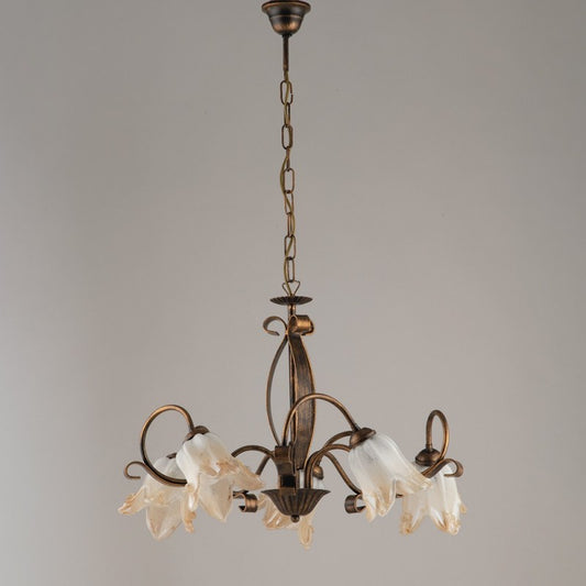 Lampadario in ferro Marrone Oro cinque luci paralumi in vetro Bianco Ambra 64x h45 cm