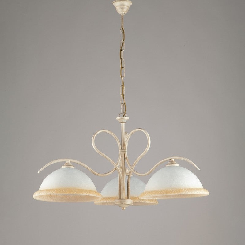 Lampadario in ferro Avorio Oro tre luci vetri Bianchi e Ambra 68x h43 cm